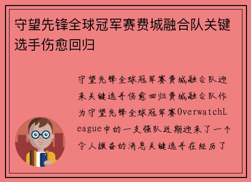 守望先锋全球冠军赛费城融合队关键选手伤愈回归