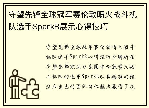 守望先锋全球冠军赛伦敦喷火战斗机队选手SparkR展示心得技巧